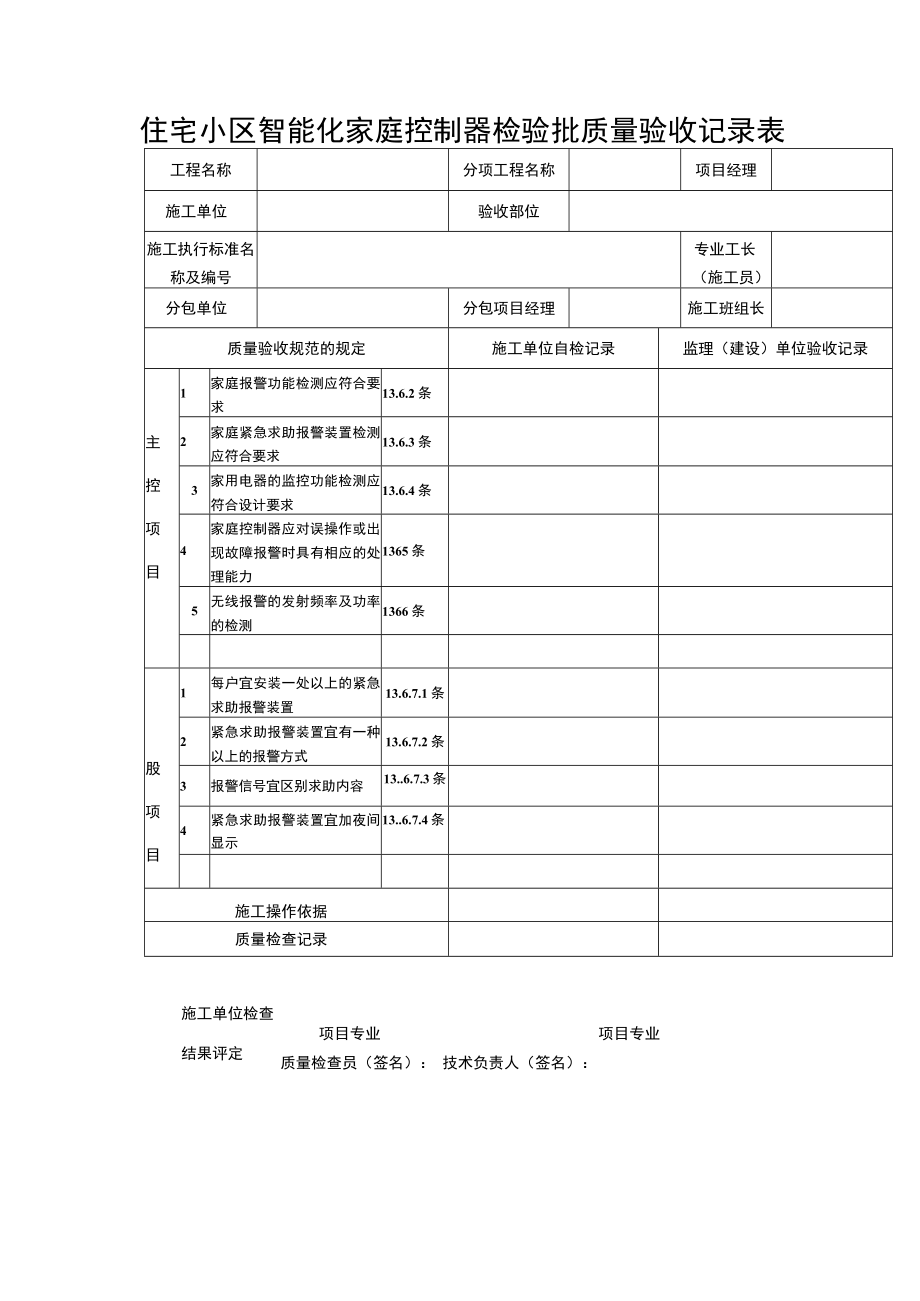 住宅小区智能化家庭控制器检验批质量验收记录表.docx_第1页