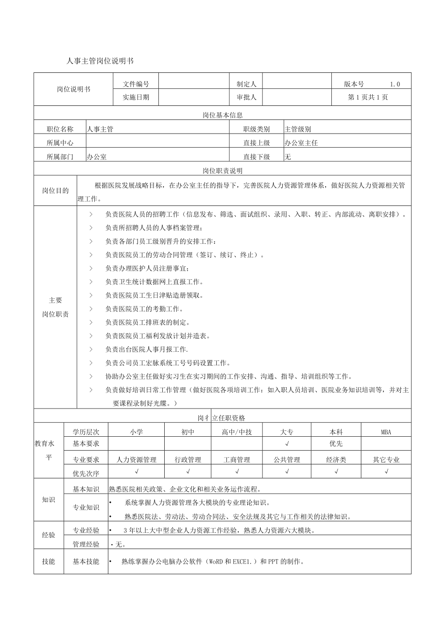 医院人事主管岗位说明书.docx_第1页