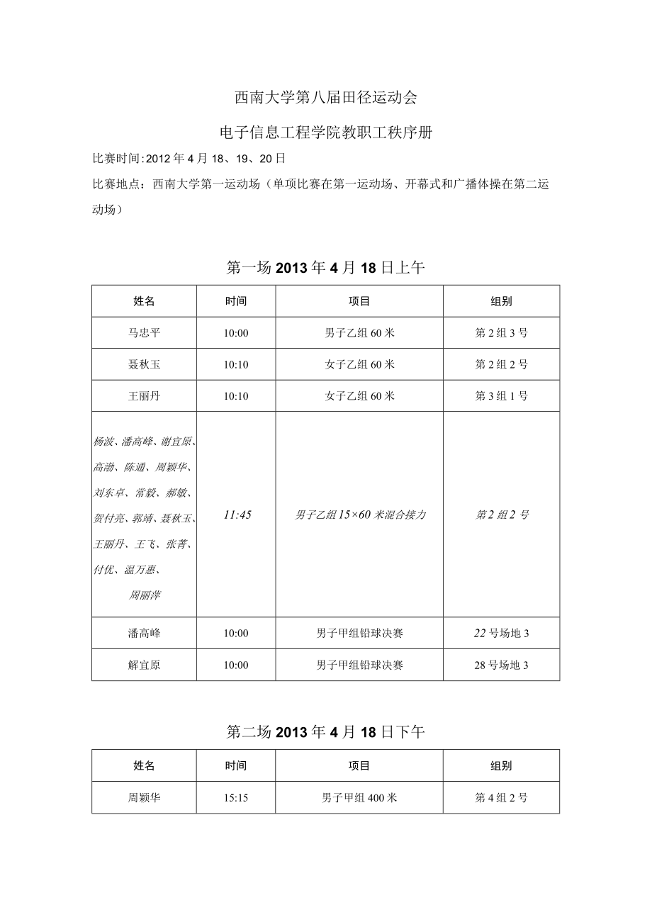 西南大学第八届田径运动会电子信息工程学院教职工秩序册.docx_第1页