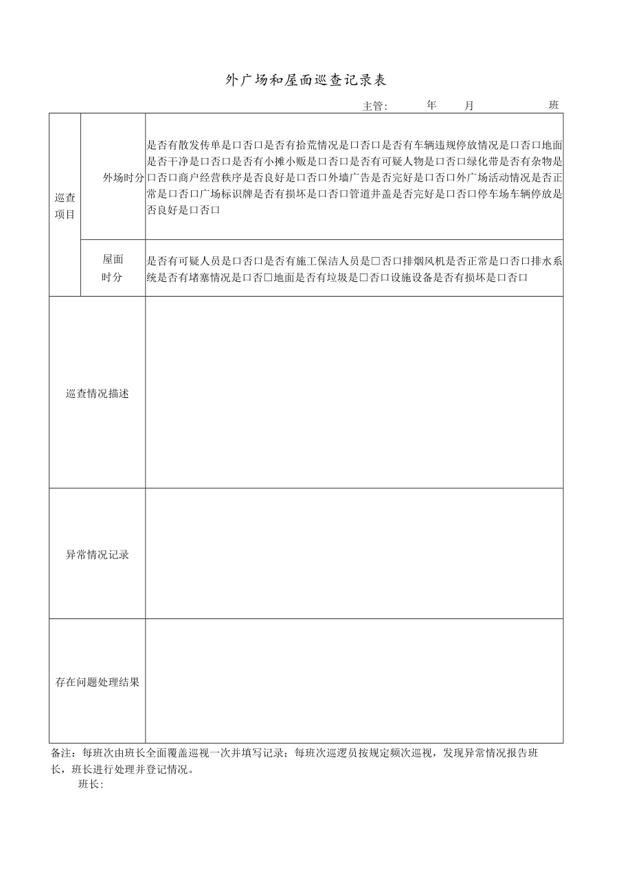 商管值班（交接班）记录表 外广场和屋面巡查记录表 安全主管周巡查记录表 监控记录查看审批表 物业安管表格模板.docx_第2页