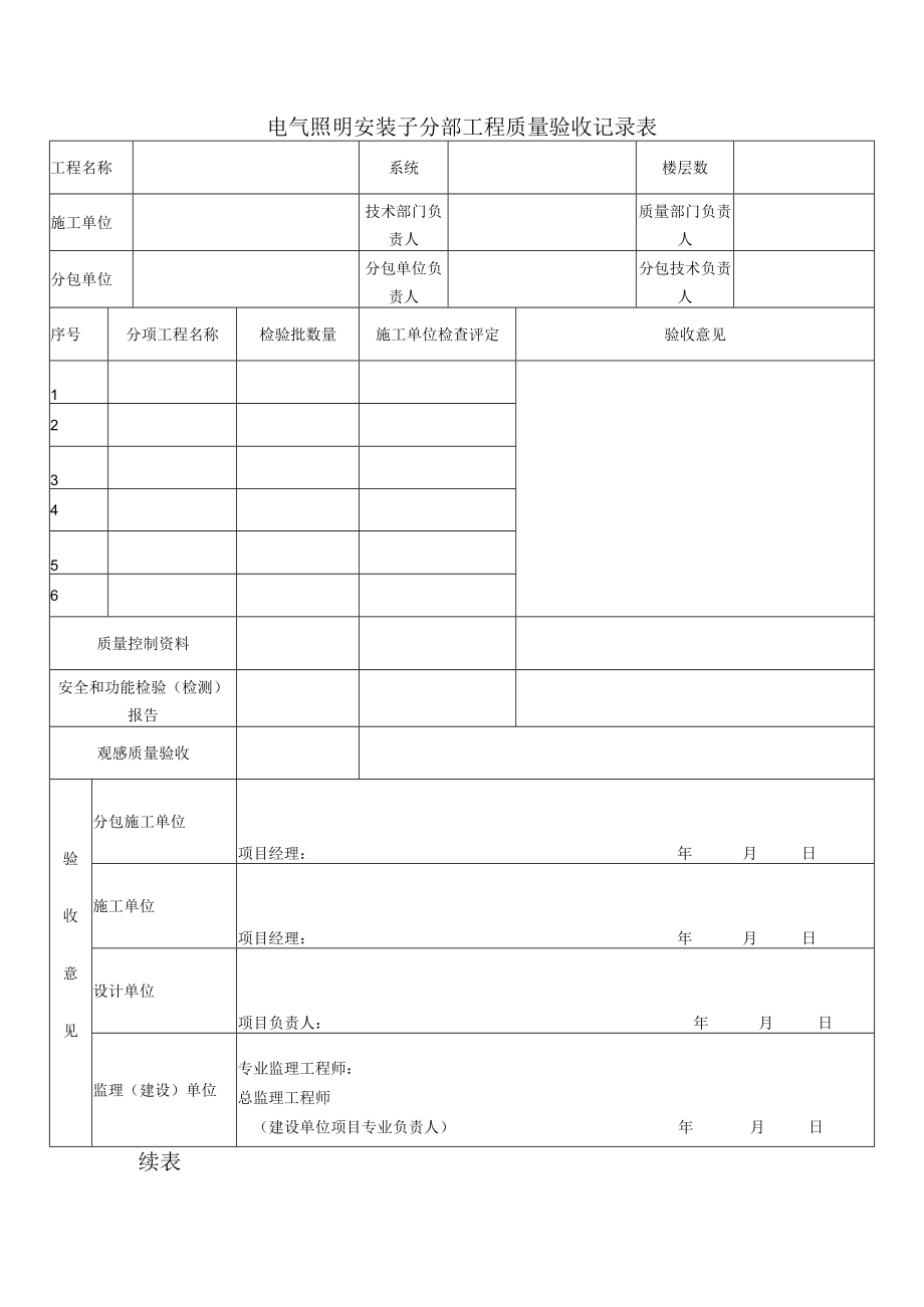 电气照明安装子分部工程质量验收记录表.docx_第1页