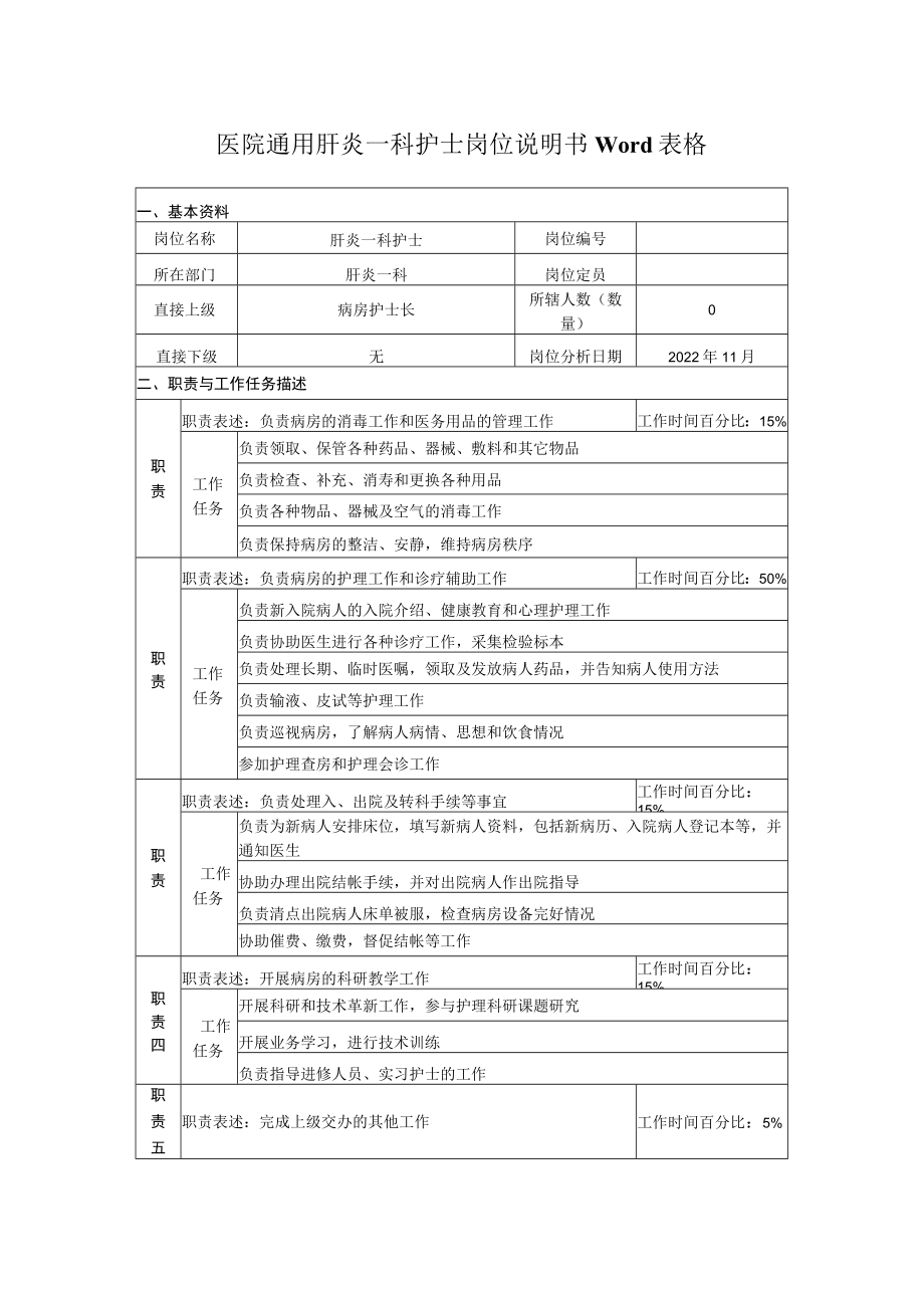 医院通用肝炎一科护士岗位说明书Word表格.docx_第1页