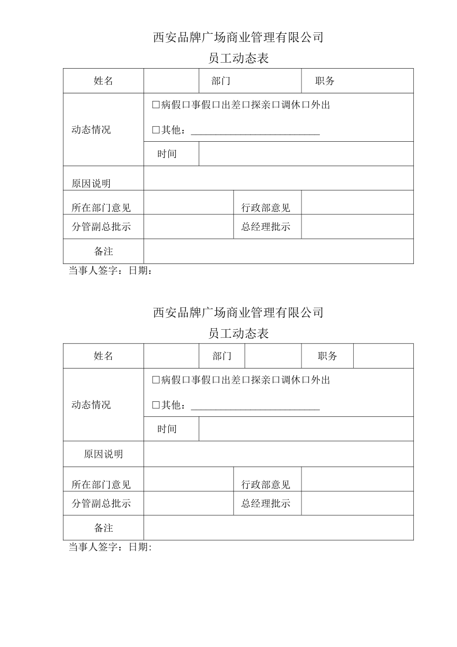 员工动态表 考勤说明书 加班审批表人事考勤表格模板.docx_第1页