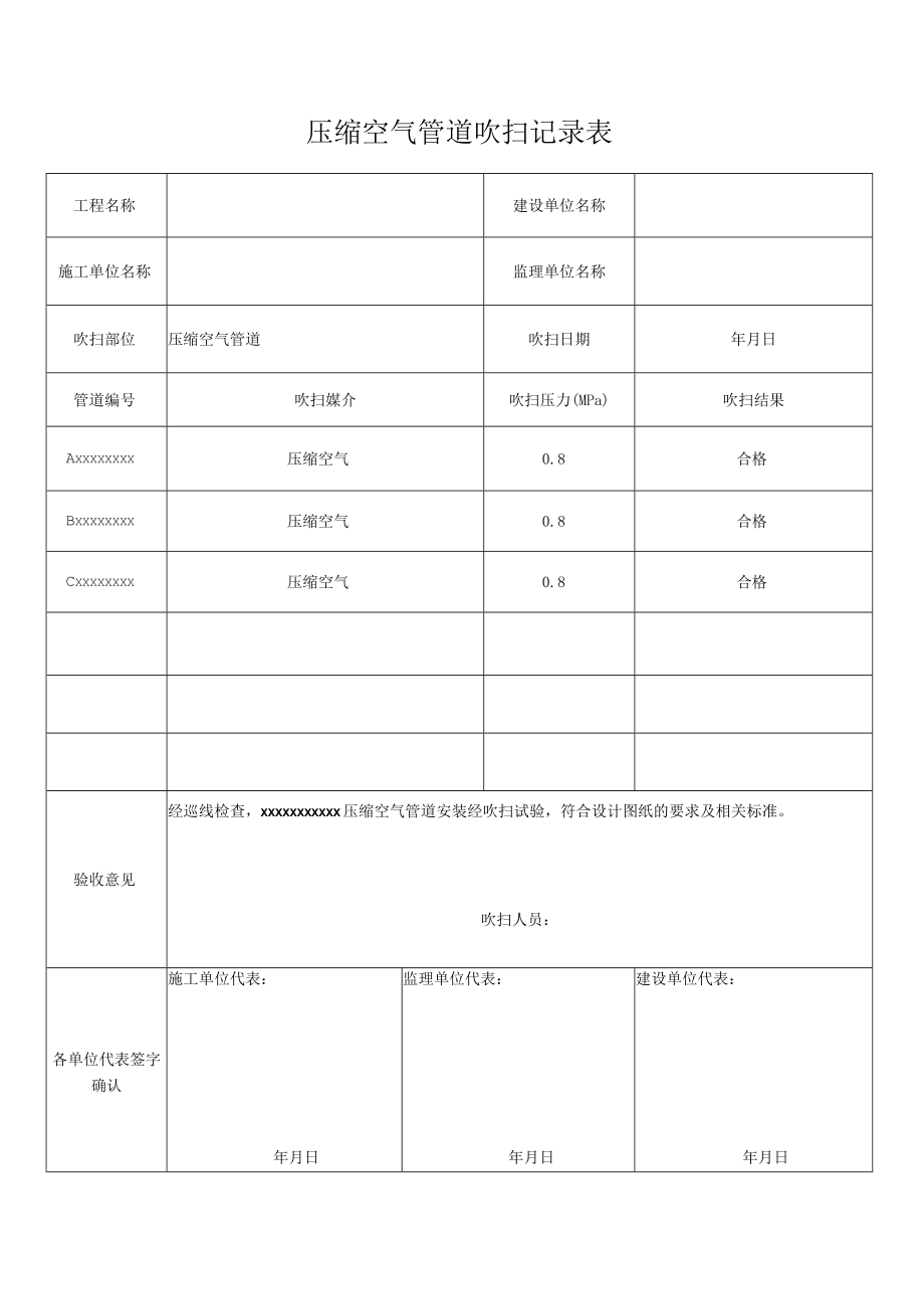 压缩空气管道吹扫记录表.docx_第1页