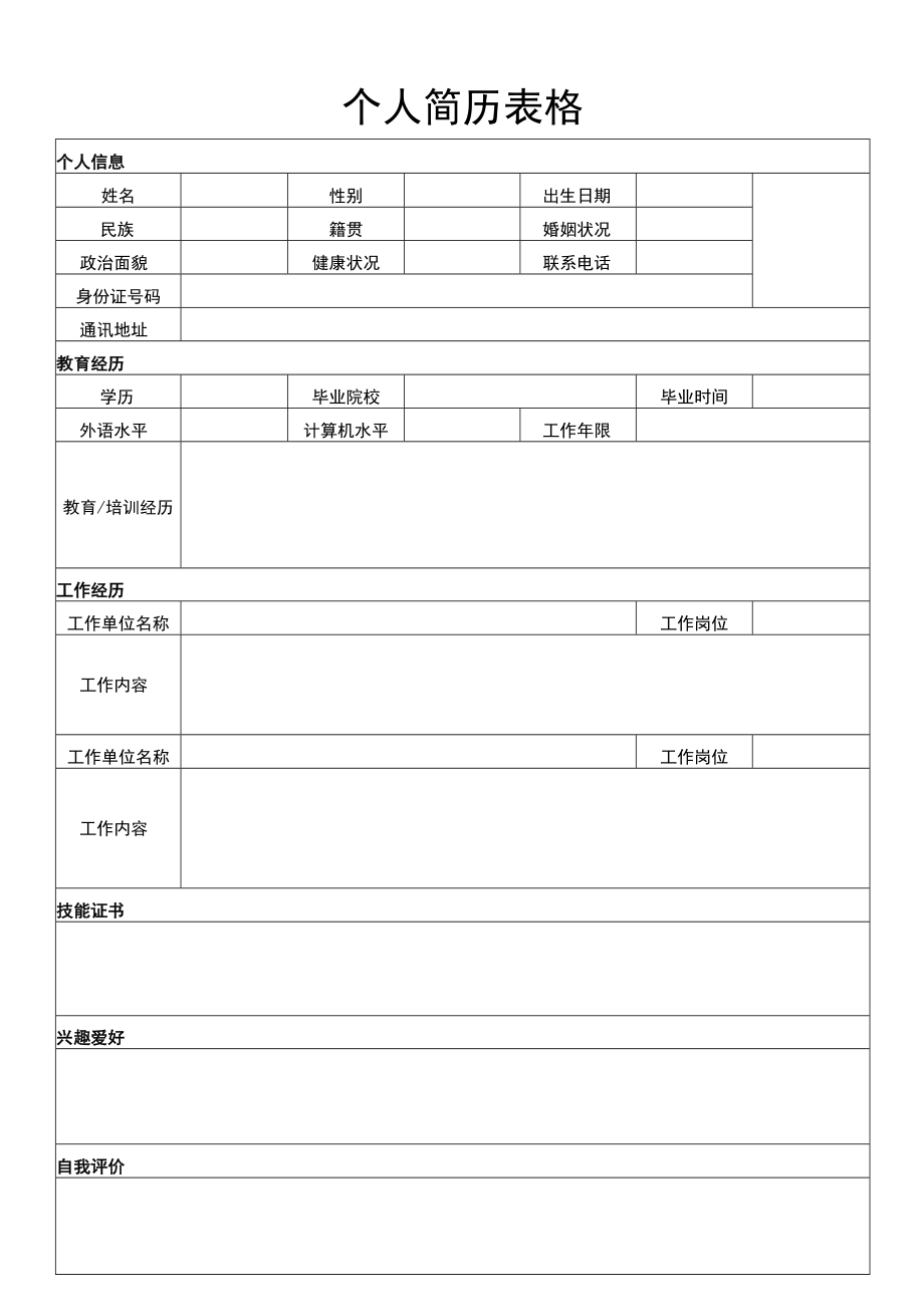 个人简历空白表格.docx_第1页