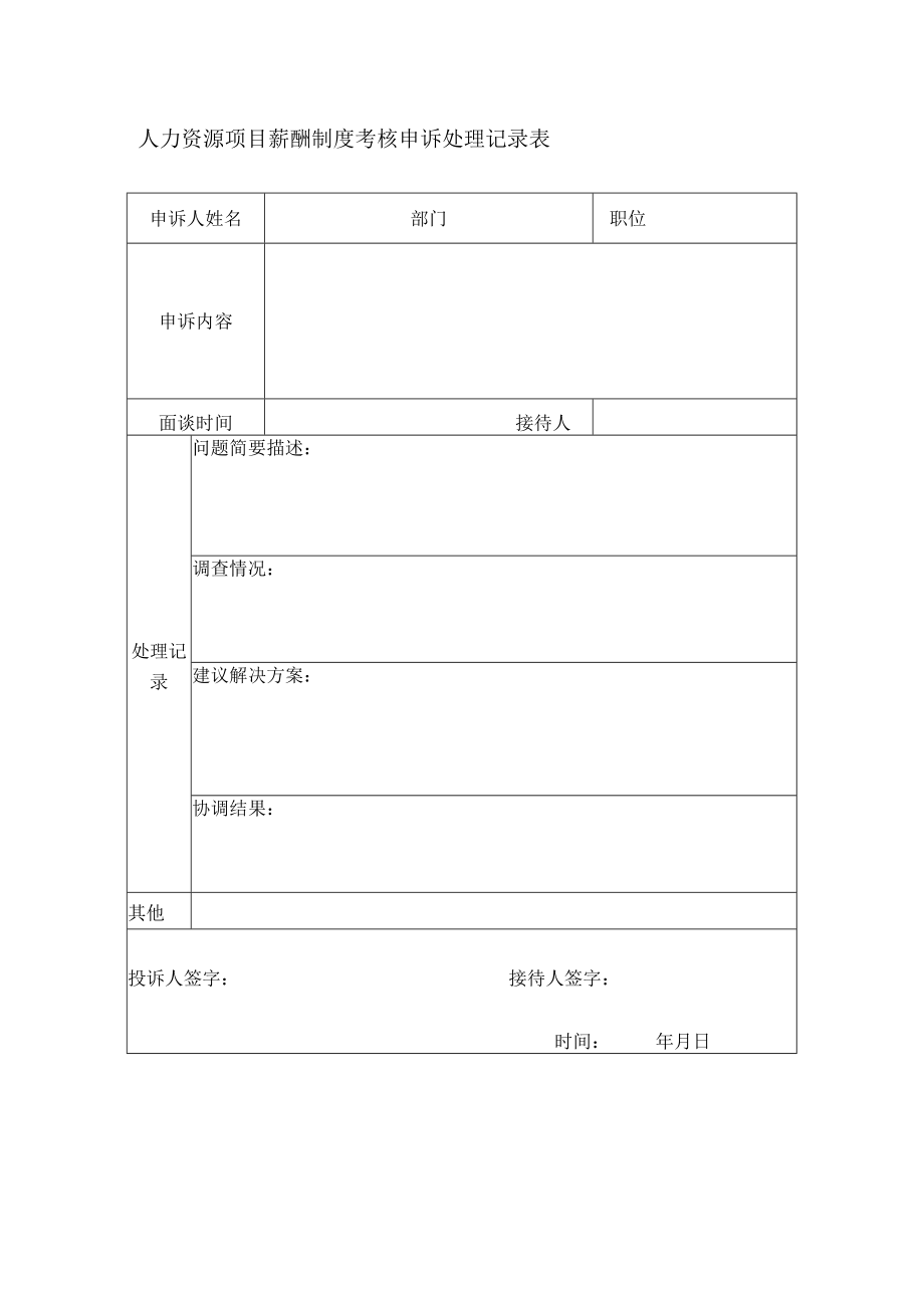 人力资源项目薪酬制度考核申诉处理记录表.docx_第1页