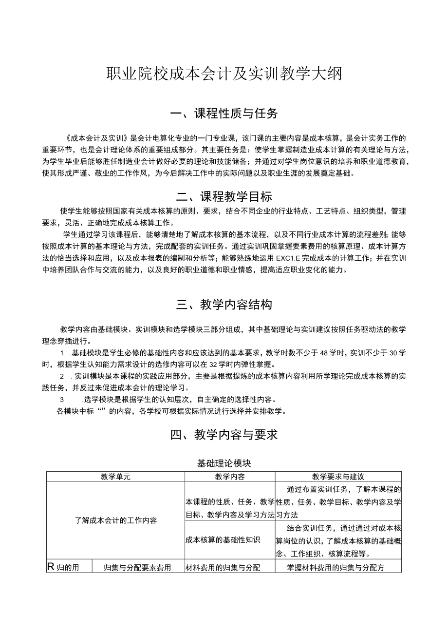 职业院校成本会计及实训教学大纲.docx_第1页