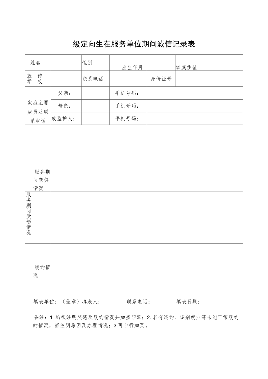 级定向生在服务单位期间诚信记录表.docx_第1页