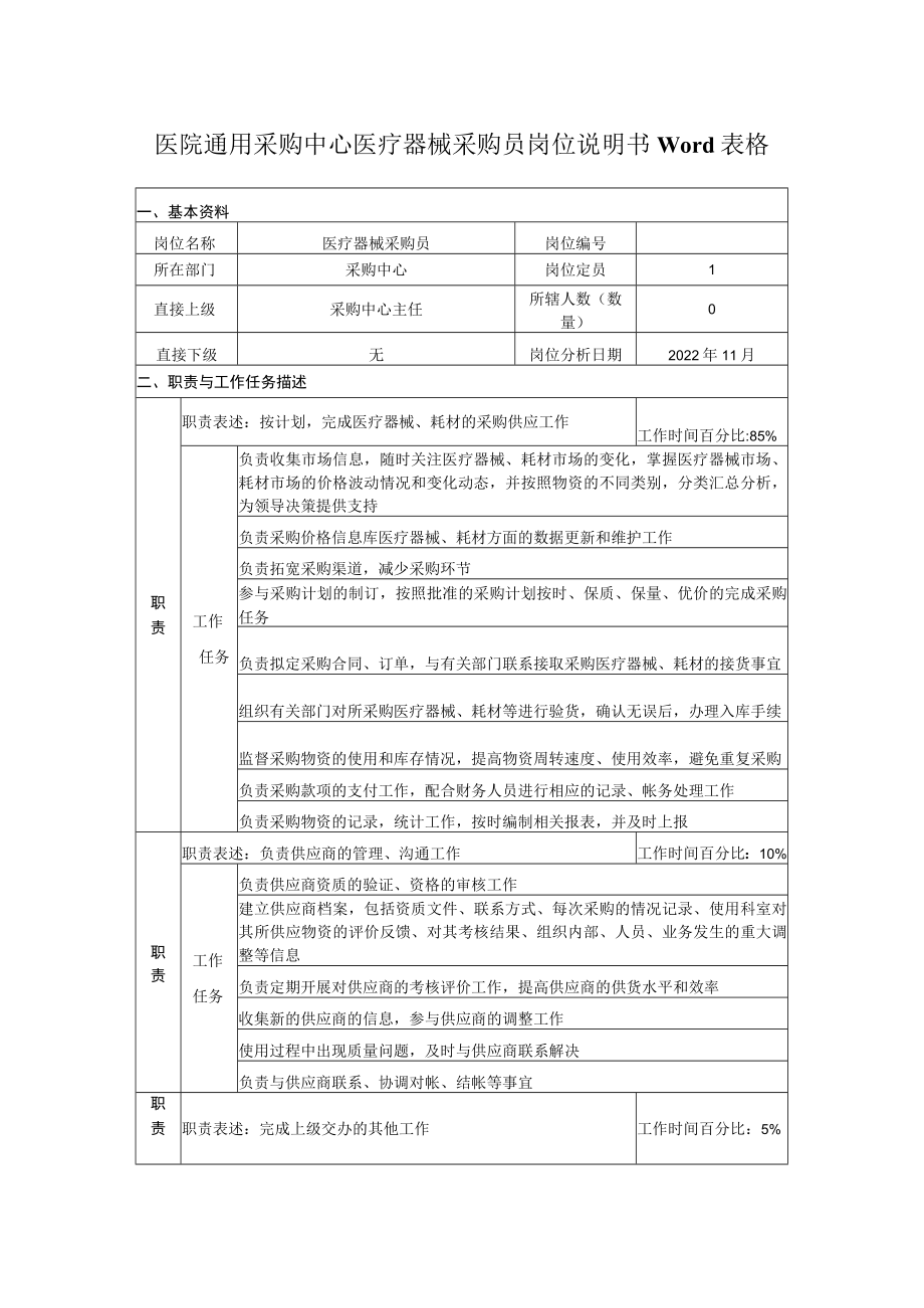 医院通用采购中心医疗器械采购员岗位说明书Word表格.docx_第1页