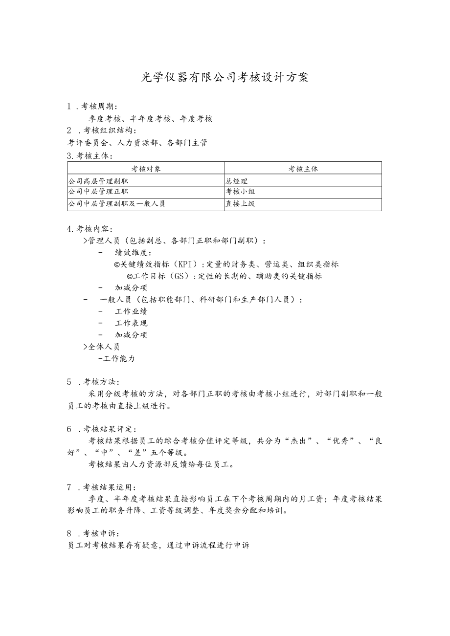 光学仪器有限公司考核设计方案.docx_第1页