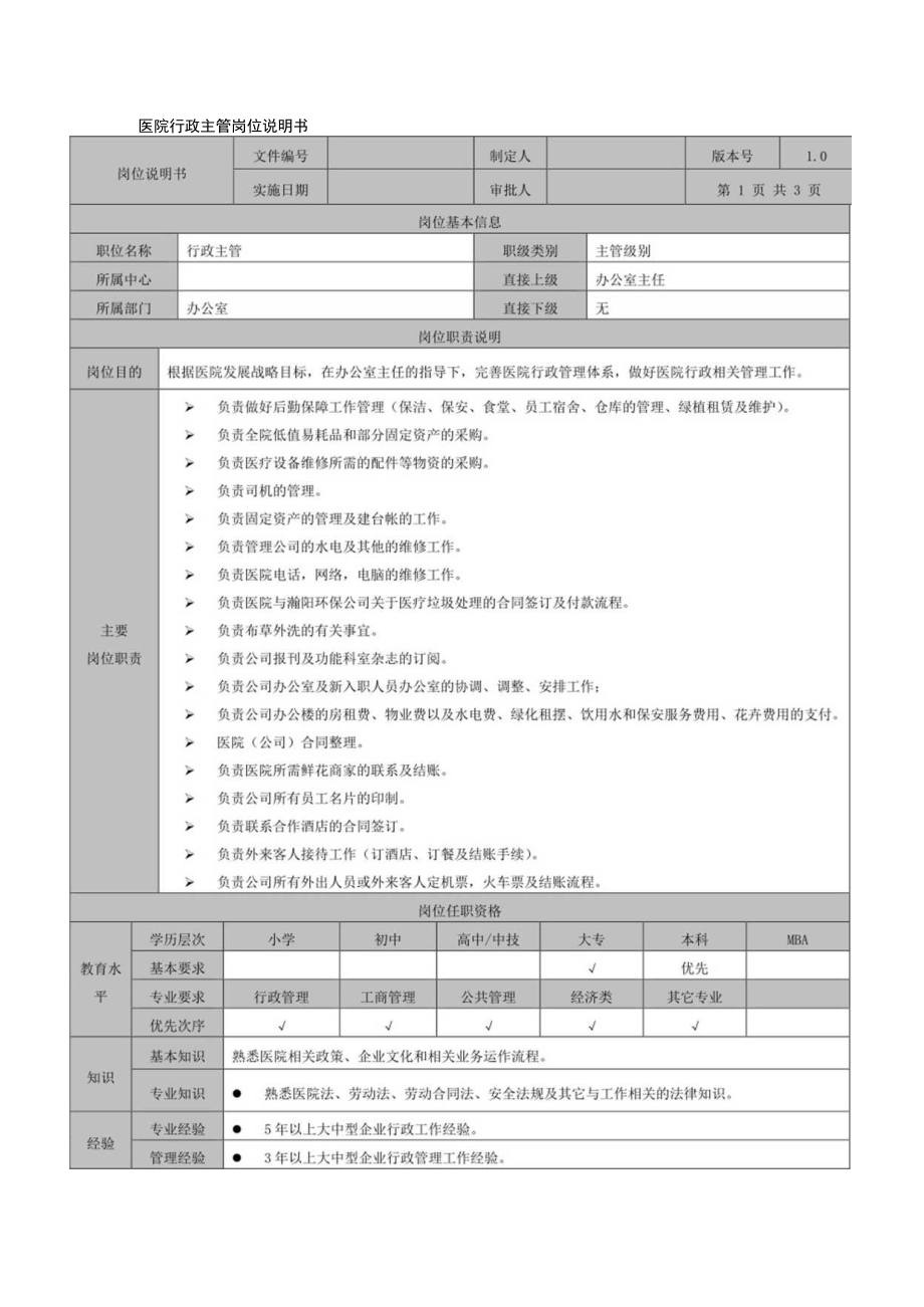 医院行政主管岗位说明书.docx_第1页