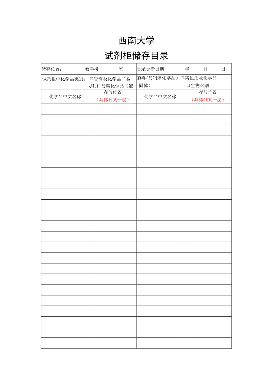 西南大学试剂柜储存目录.docx_第1页