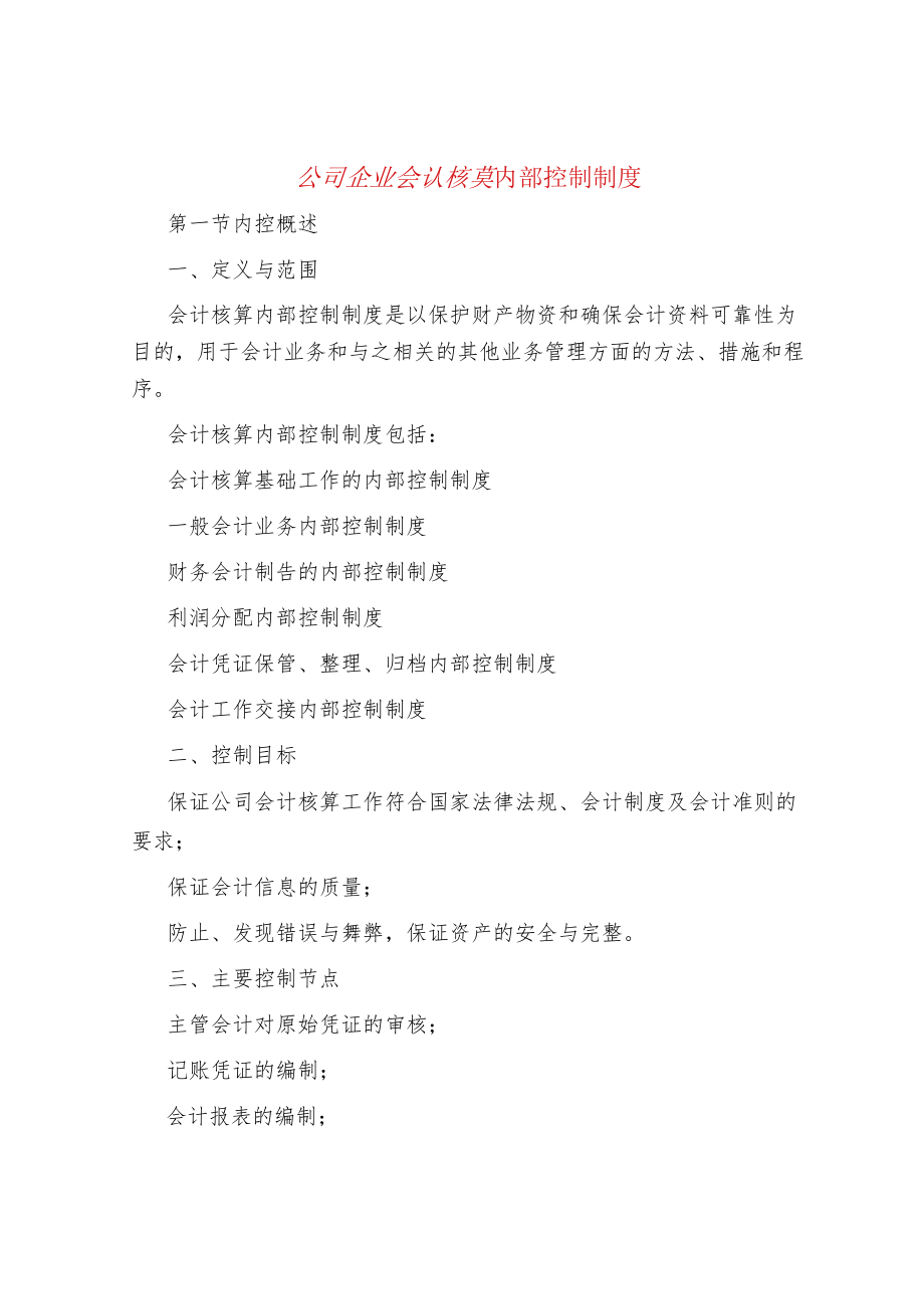 公司企业会计核算内部控制制度.docx_第1页