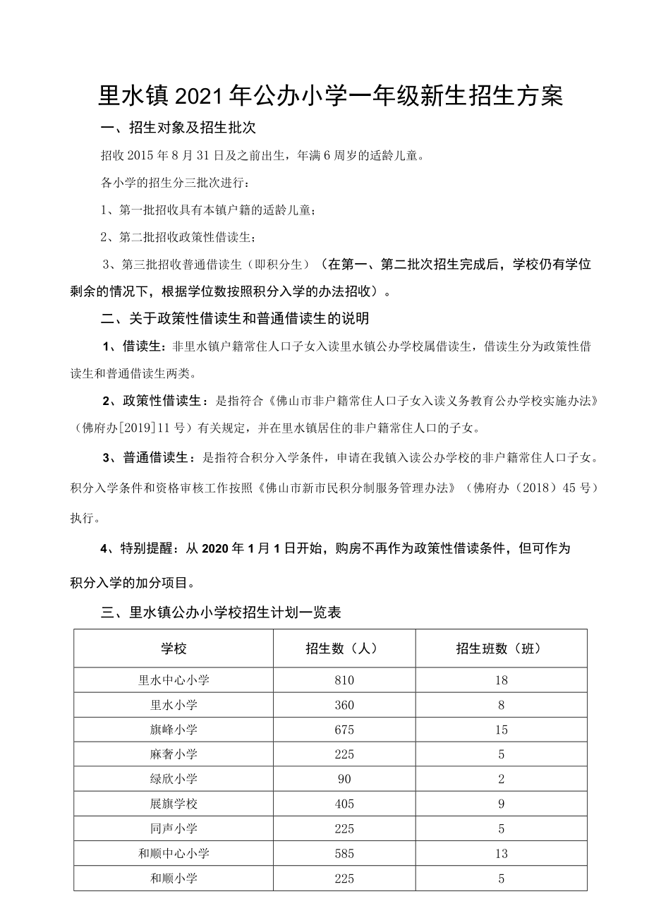 里水镇2021年公办小学一年级新生招生方案.docx_第1页