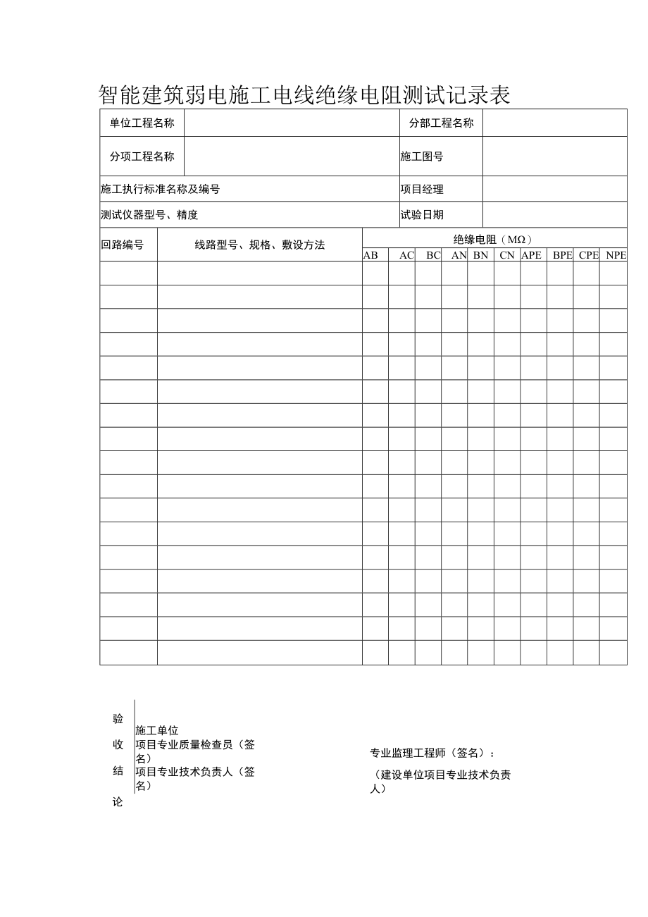 智能建筑弱电施工电线绝缘电阻测试记录表.docx_第1页