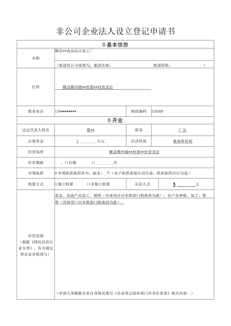 非公司企业法人设立登记申请书.docx_第1页