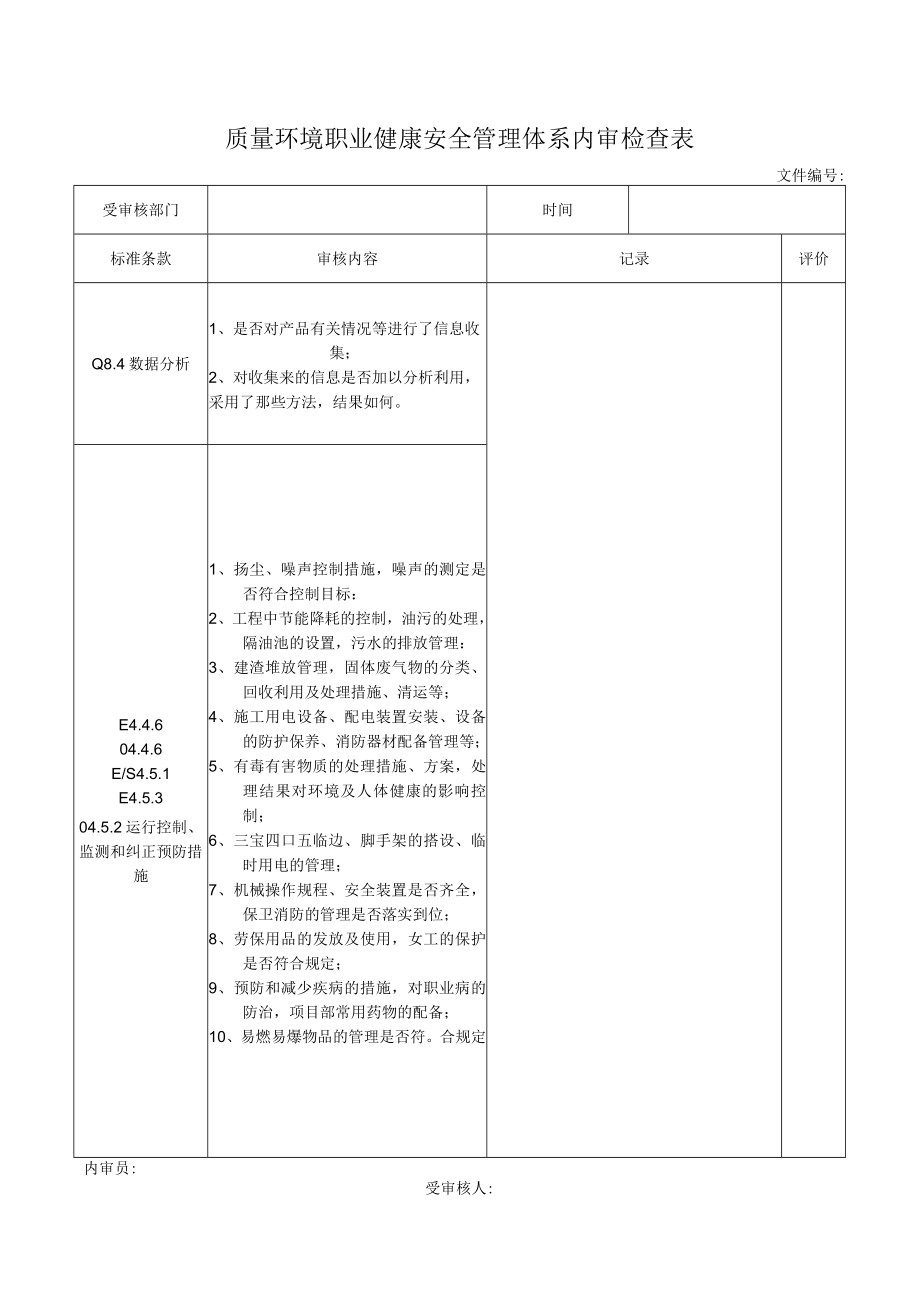 质量环境职业健康安全管理体系内检查表.docx_第1页