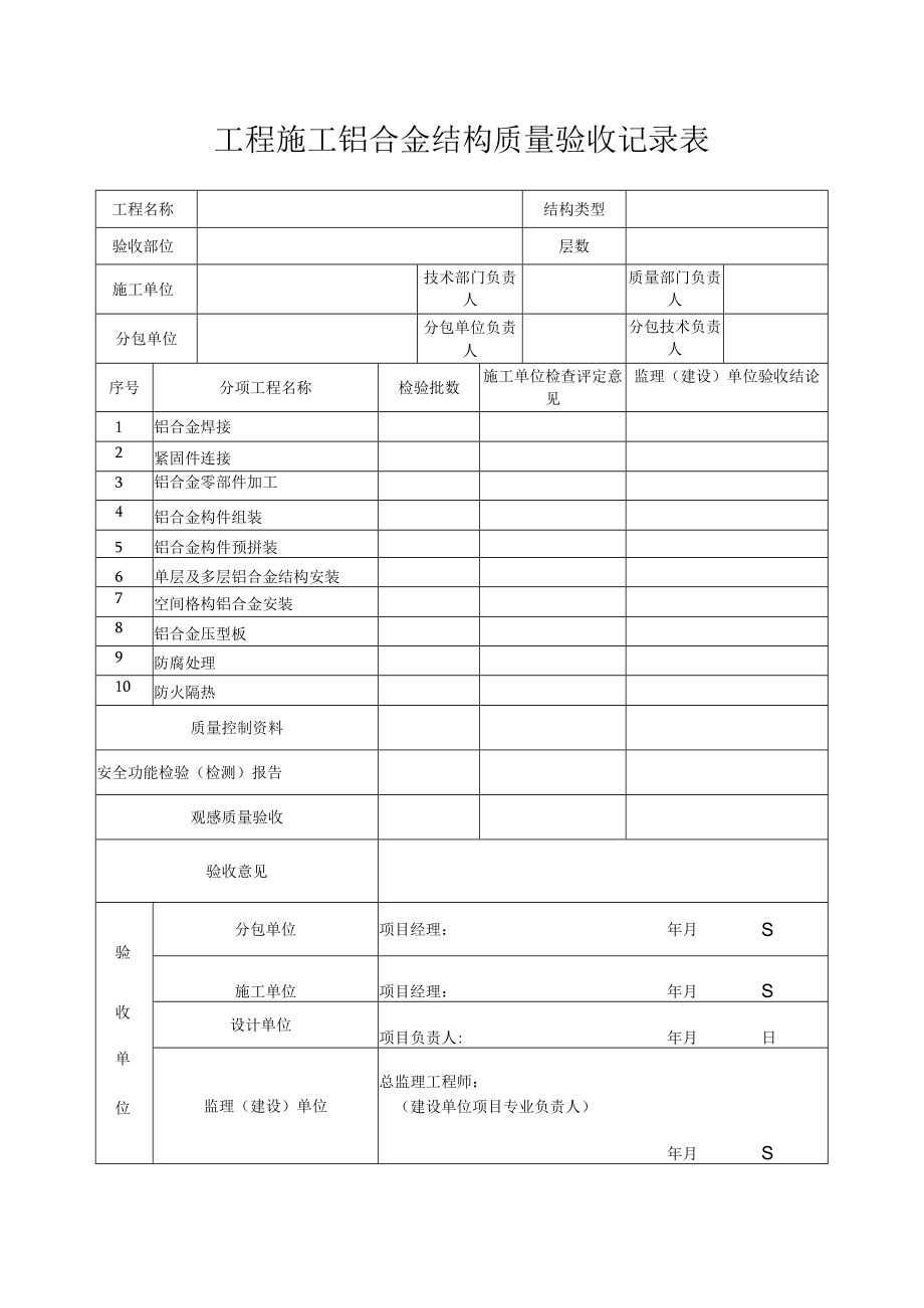 工程施工铝合金结构质量验收记录表.docx_第1页