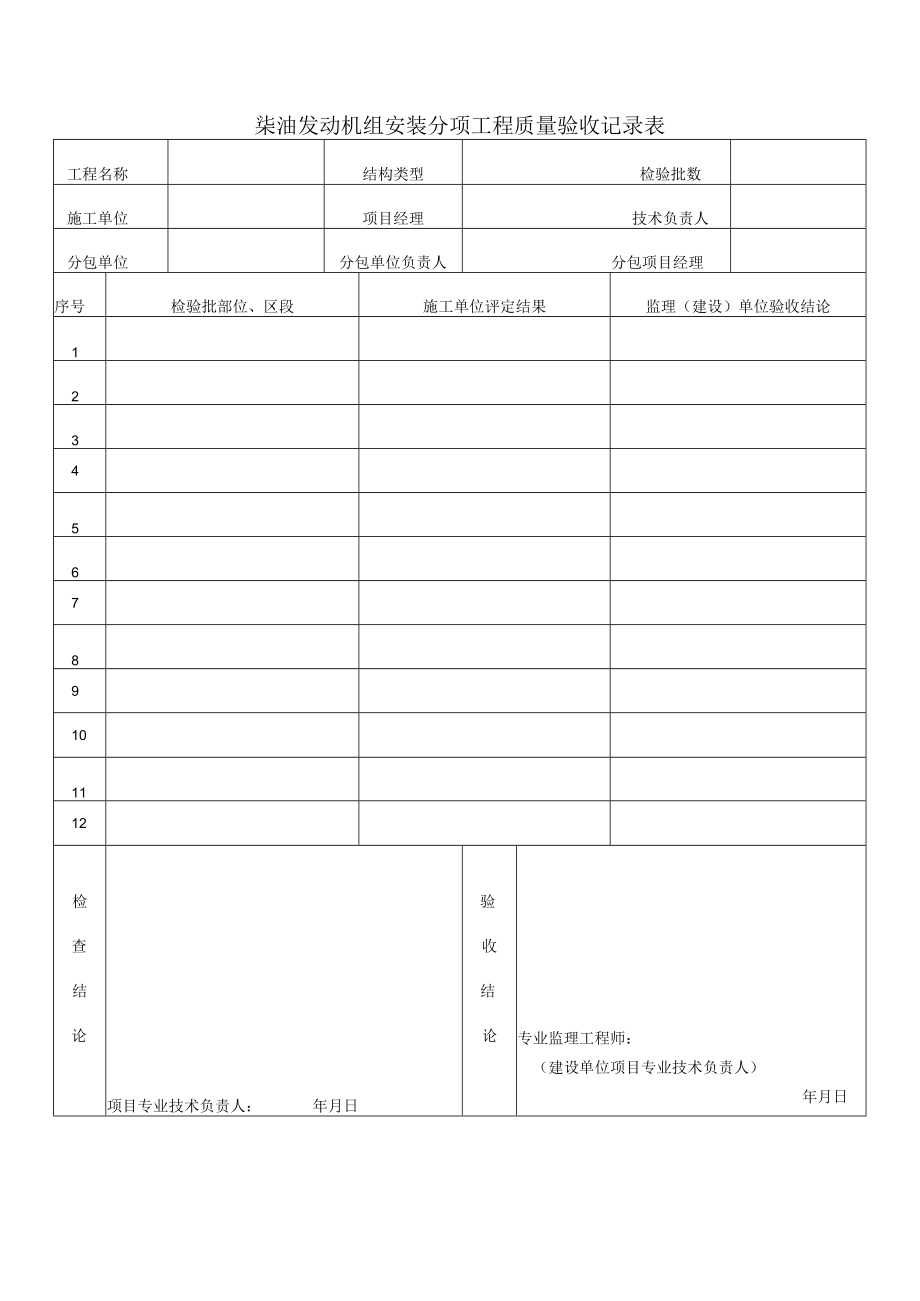 柒油发动机组安装分项工程质量验收记录表.docx_第1页