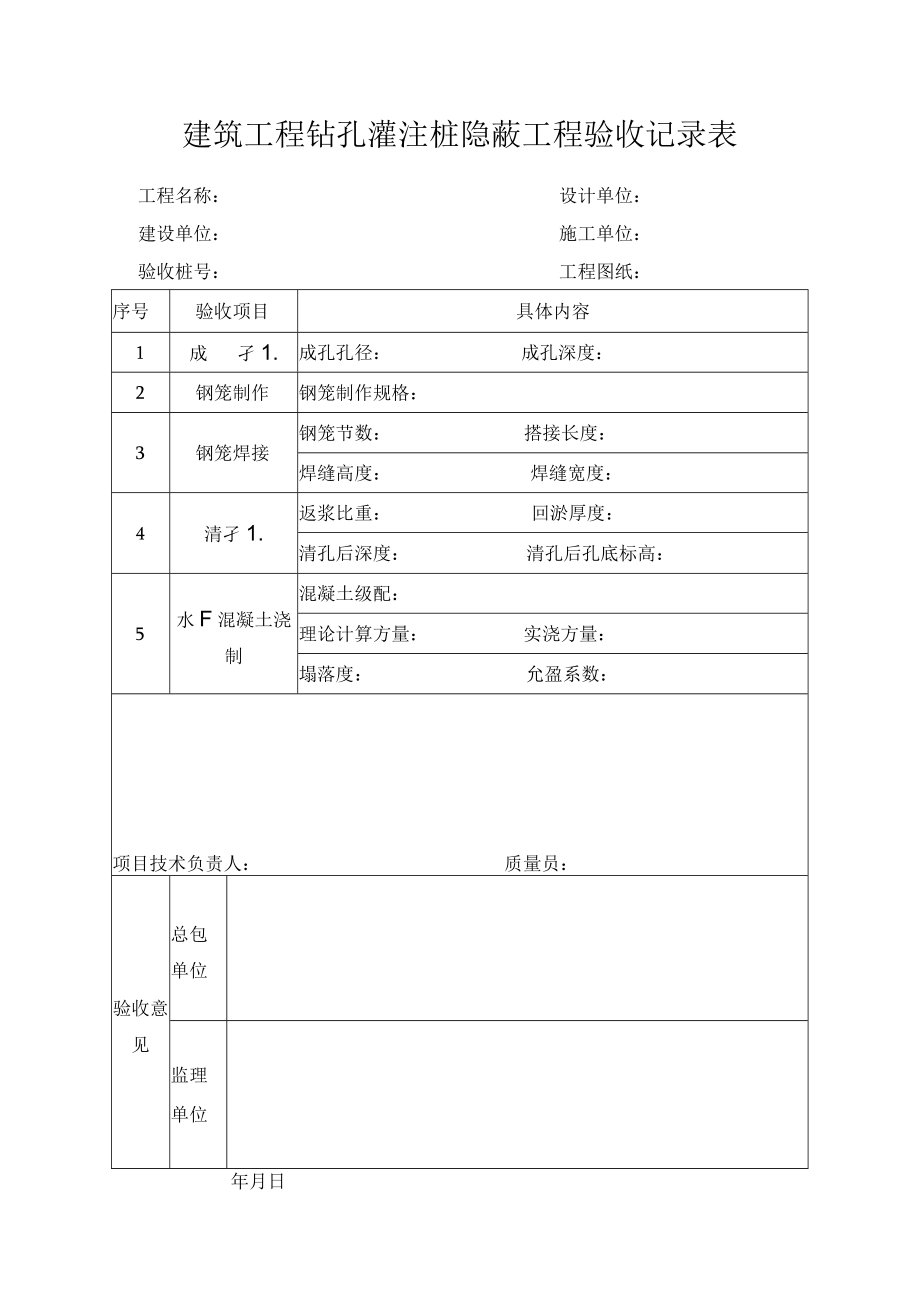 建筑工程钻孔灌注桩隐蔽工程验收记录表.docx_第1页