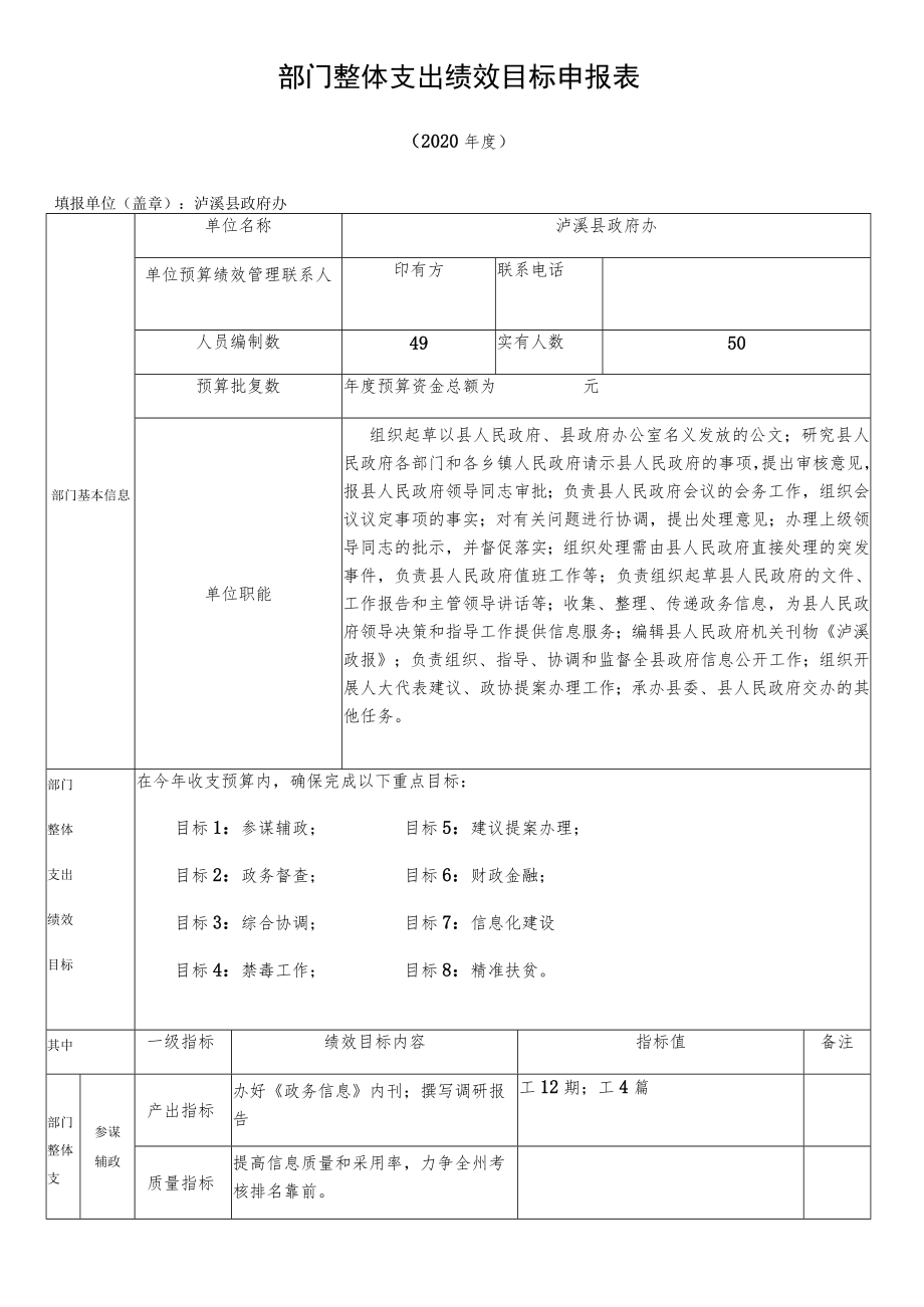 部门整体支出绩效目标申报表.docx_第1页