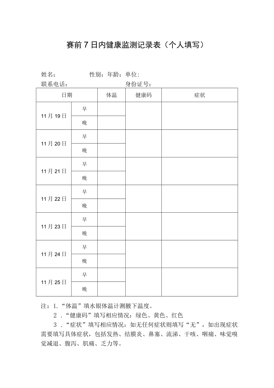 赛前7日内健康监测记录表个人填写.docx_第1页