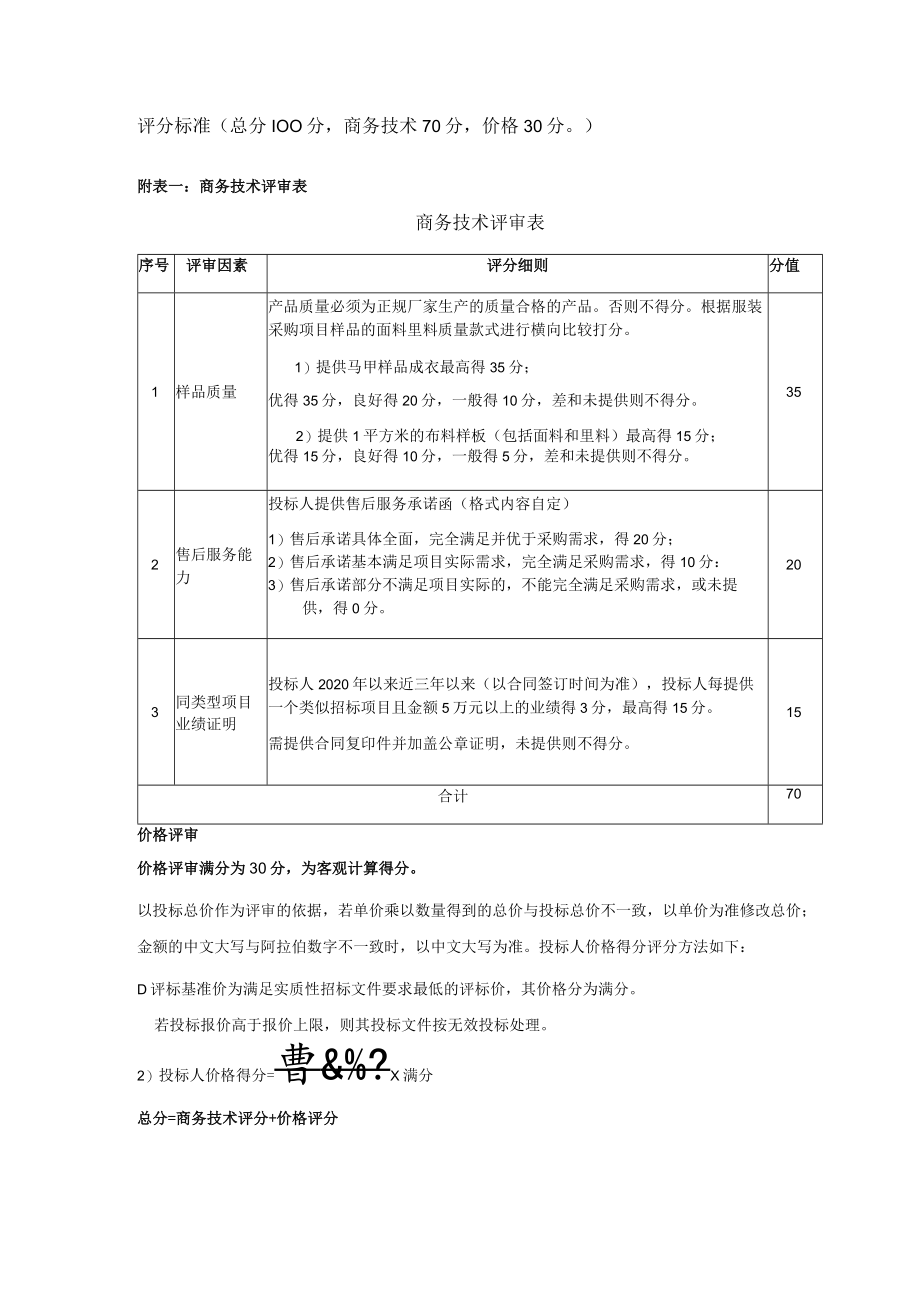 评分标准总分100分商务技术70分价格30分附表一商务技术评审表.docx_第1页