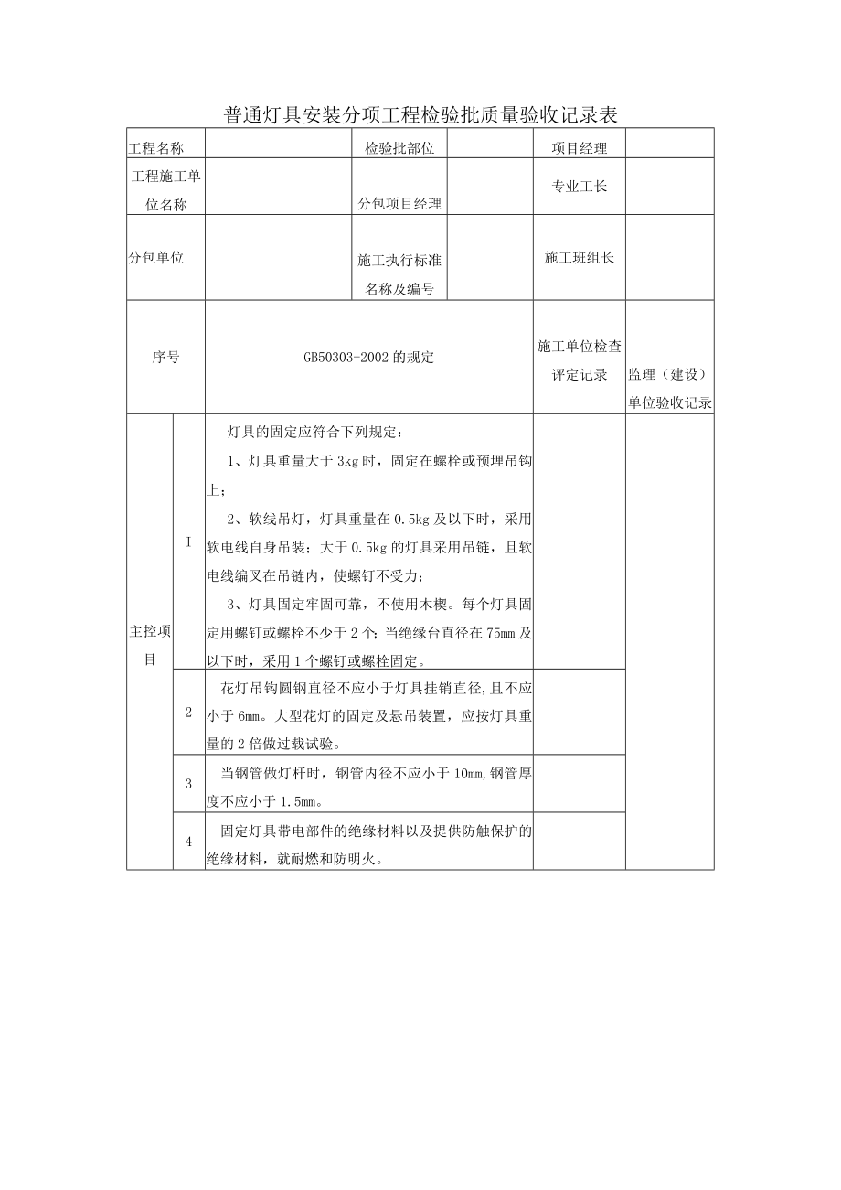 普通灯具安装分项工程检验批质量验收记录表.docx_第1页