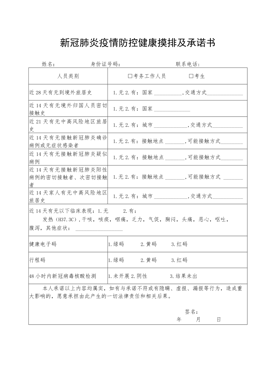 新冠肺炎疫情防控健康摸排及承诺书.docx_第1页
