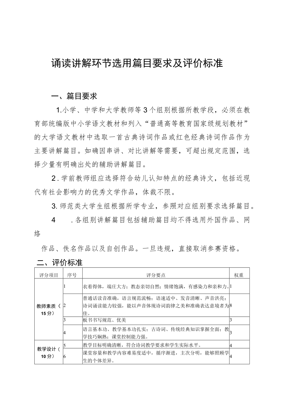 诵读讲解环节选用篇目要求及评价标准.docx_第1页