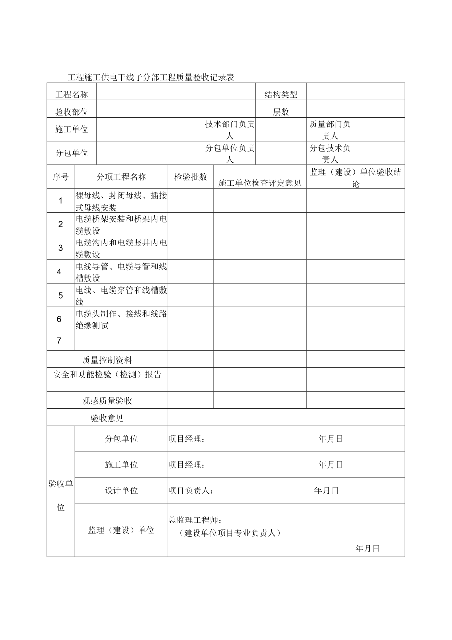 工程施工供电干线子分部工程质量验收记录表.docx_第1页