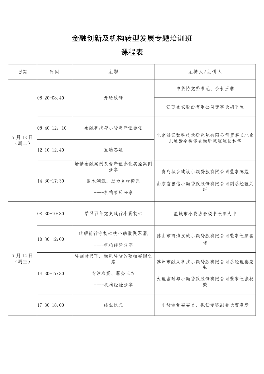 金融创新及机构转型发展专题培训班课程表.docx_第1页