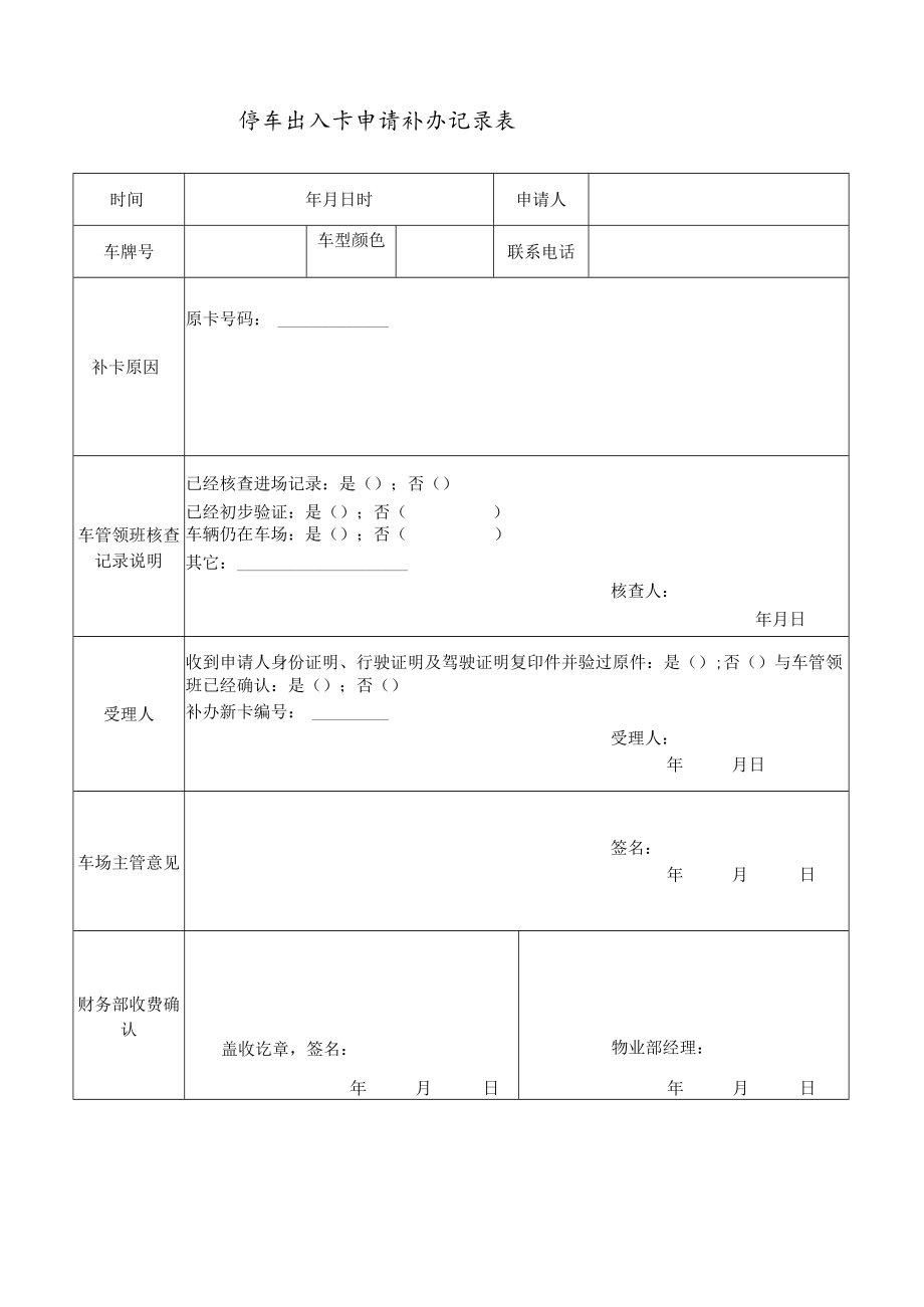 车位车卡使用审批单 停车场事故记录表 停车出入卡申请补办记录表 突发事件处理报告 物业停车场规范模板.docx_第3页