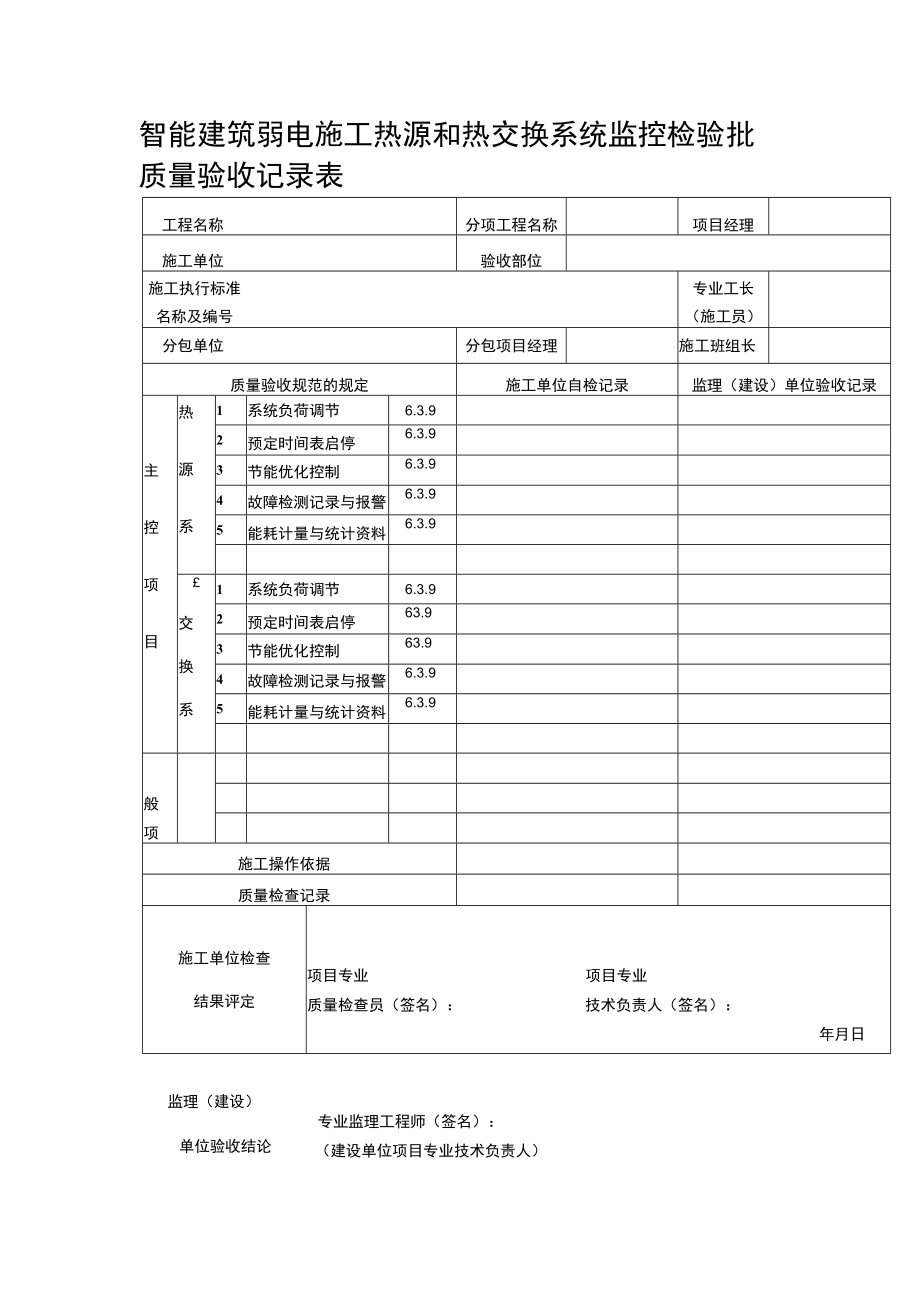 智能建筑弱电施工热源和热交换系统监控检验批质量验收记录表.docx_第1页