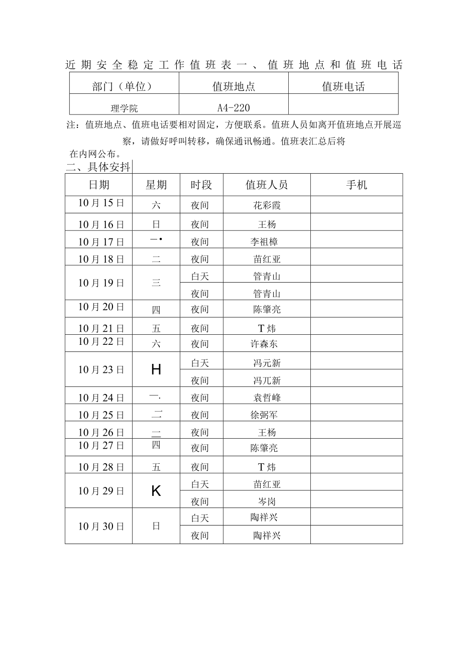 近期安全稳定工作值班表.docx_第1页