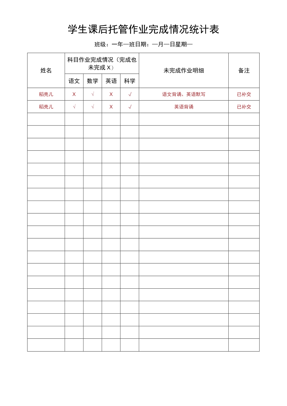 课后托管作业完成情况统计表.docx_第1页