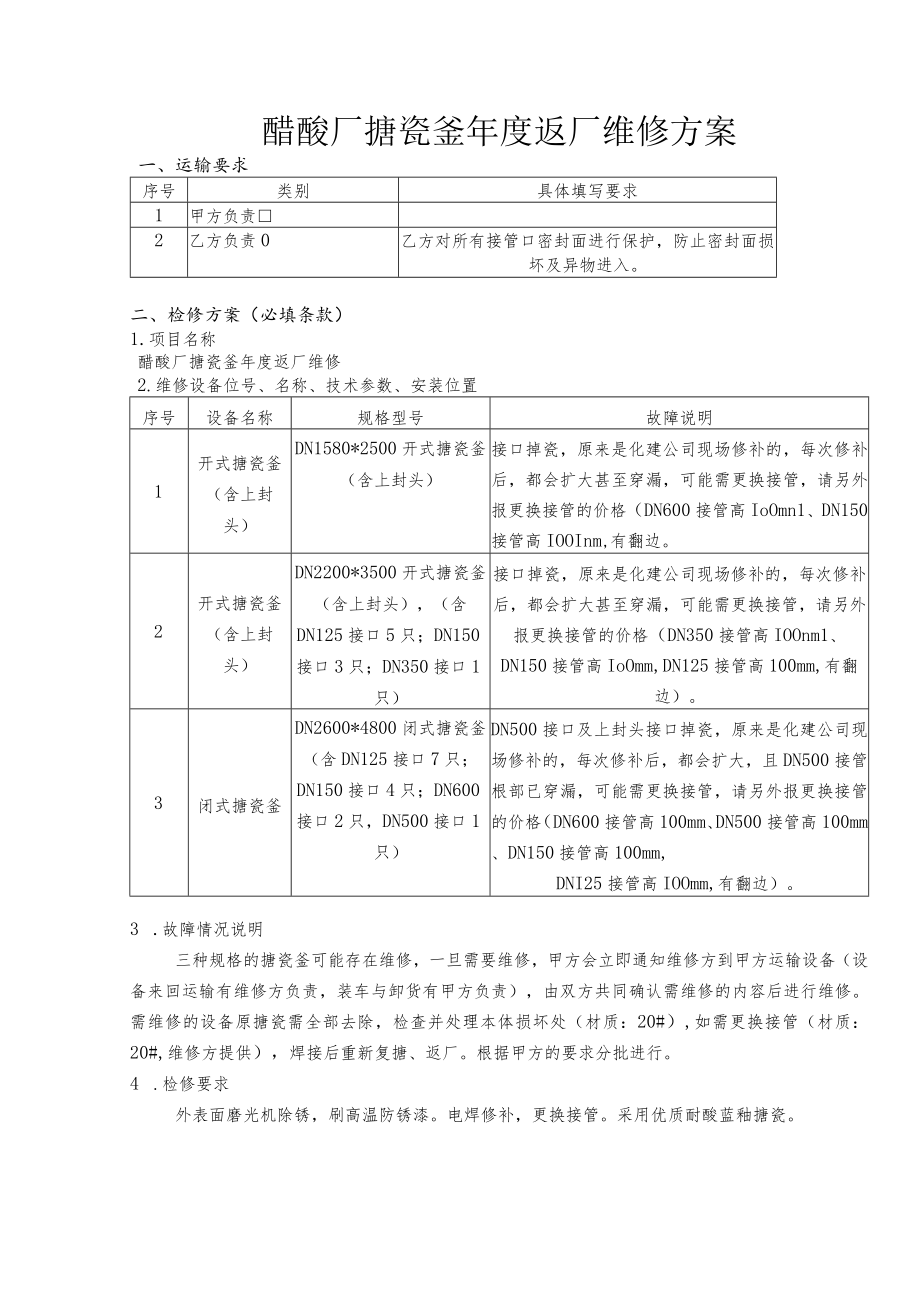 醋酸厂搪瓷釜年度返厂维修方案.docx_第1页