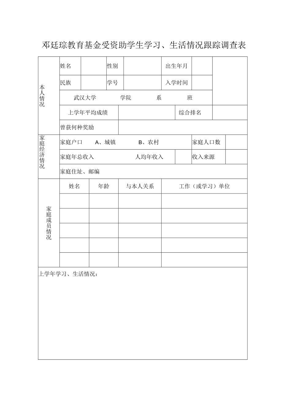 邓廷琮教育基金受资助学生学习、生活情况跟踪调查表.docx_第1页