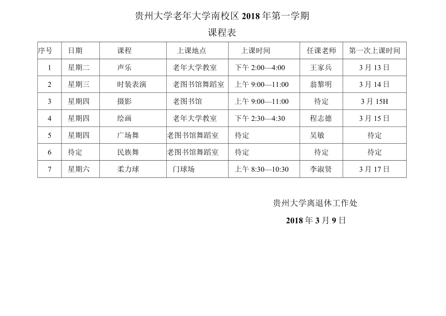 贵州大学老年大学南校区2018年第一学期课程表.docx_第1页