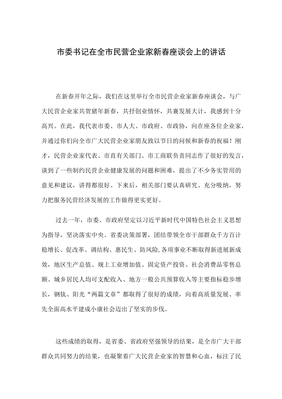 市委书记在全市民营企业家新春座谈会上的讲话.docx_第1页