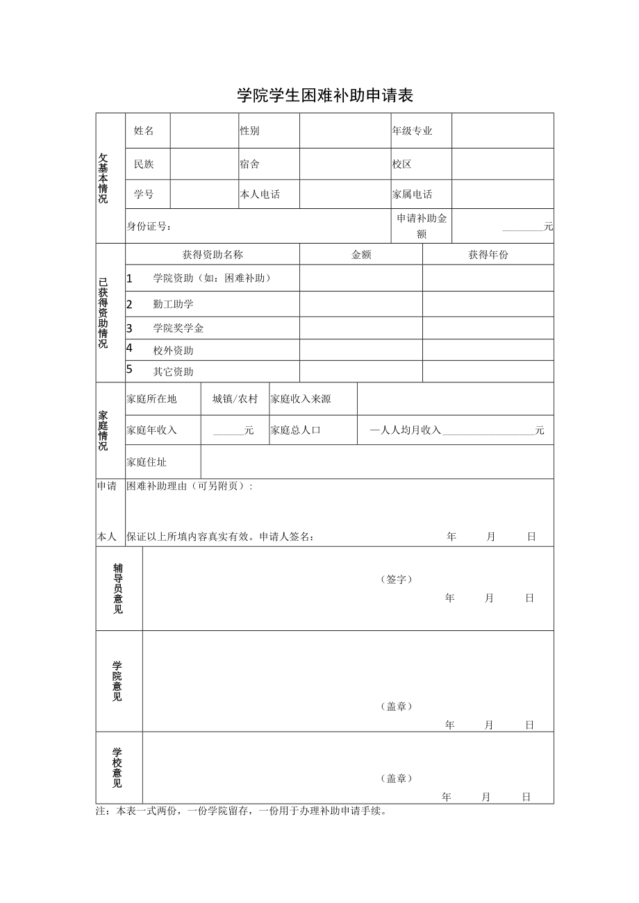 学院学生困难补助申请表.docx_第1页