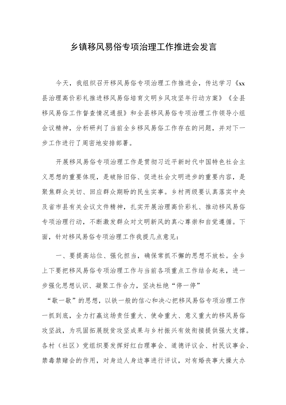 乡镇移风易俗专项治理工作推进会发言.docx_第1页