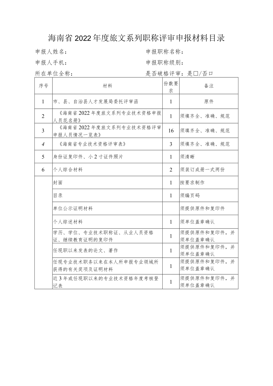 海南省2022年度旅文系列职称评审申报材料目录.docx_第1页