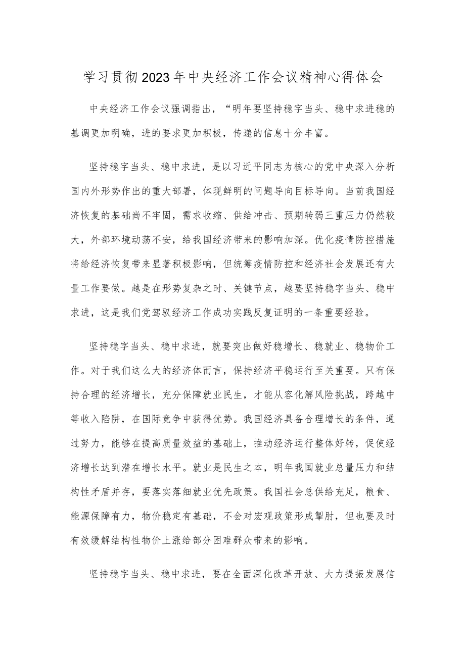 学习贯彻2023年中央经济工作会议精神心得体会.docx_第1页