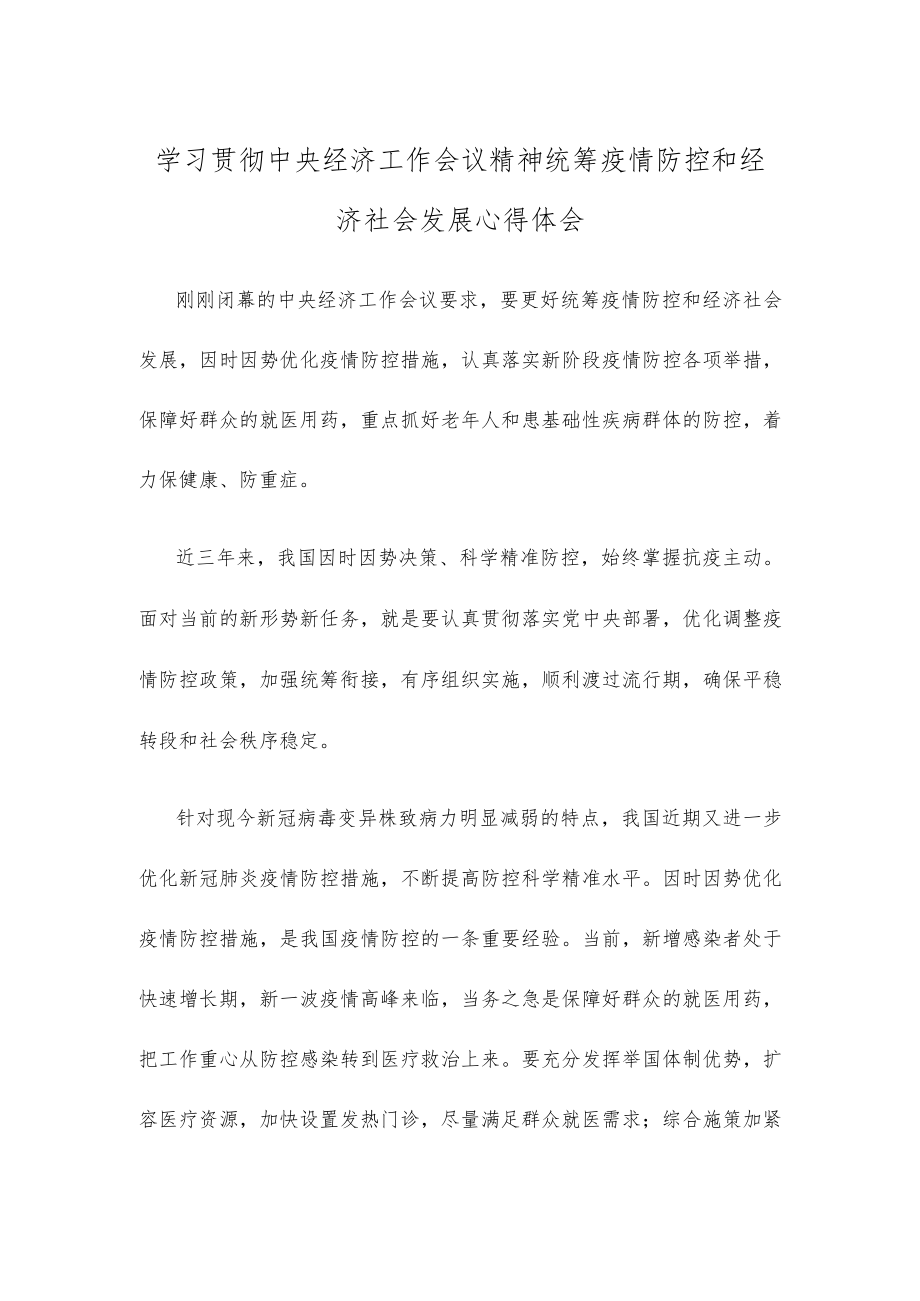 学习贯彻中央经济工作会议精神统筹疫情防控和经济社会发展心得体会.docx_第1页