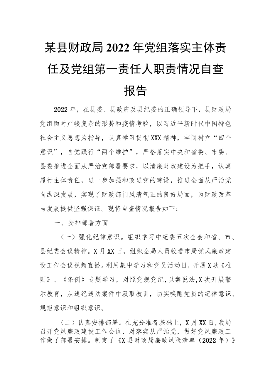 某县财政局2022年党组落实主体责任及党组第一责任人职责情况自查报告.docx_第1页