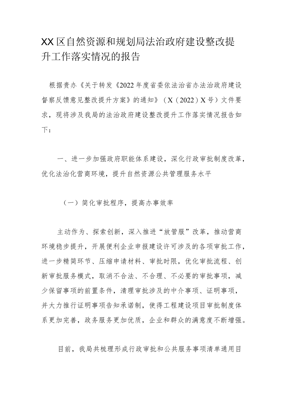 XX区自然资源和规划局法治政府建设整改提升工作落实情况的报告.docx_第1页