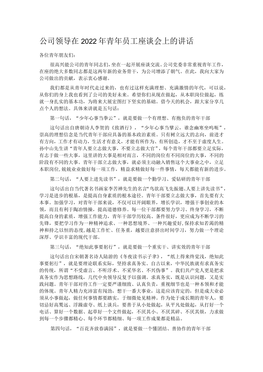 公司领导在2022年青年员工座谈会上的讲话.docx_第1页