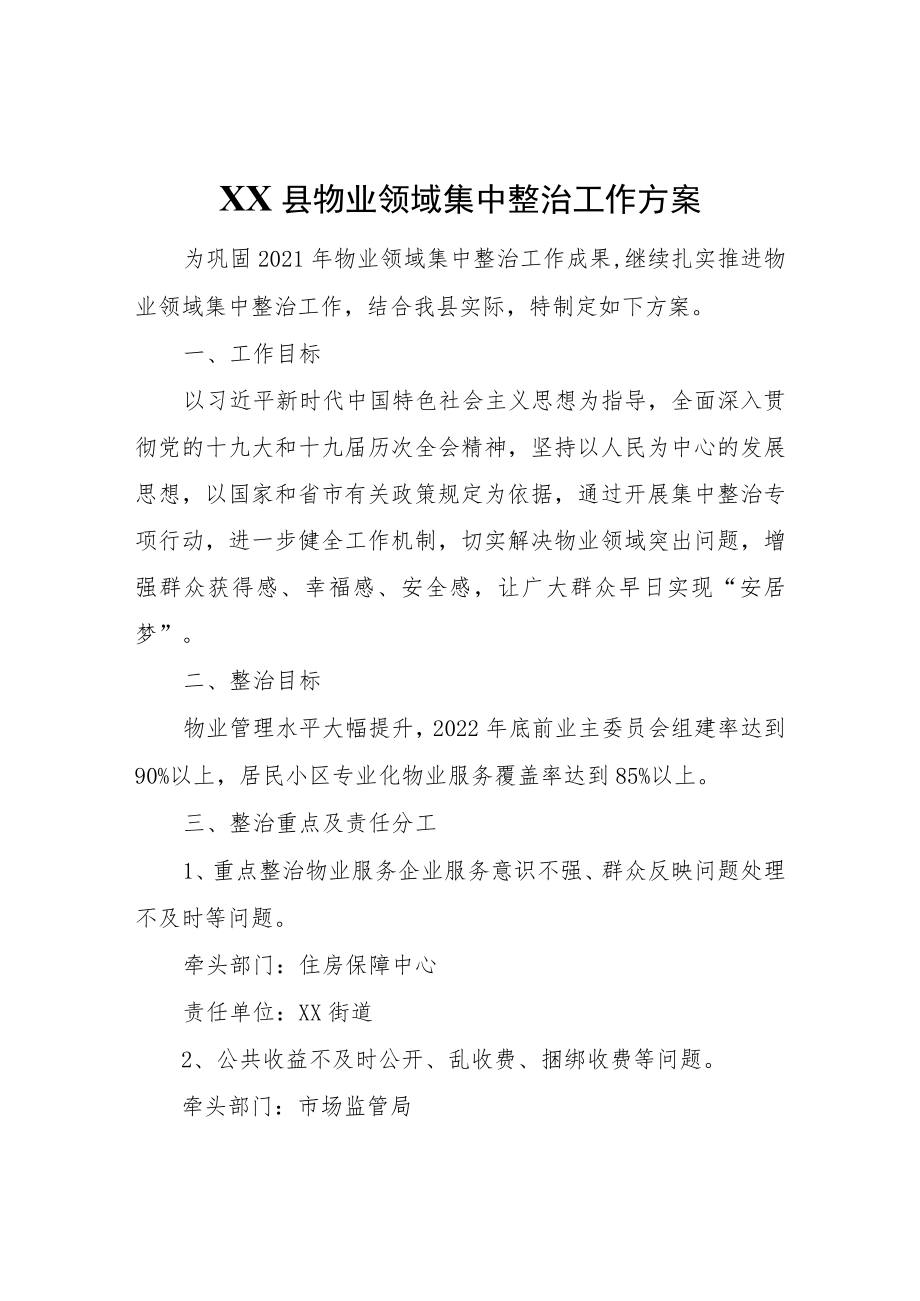 XX县物业领域集中整治工作方案.docx_第1页