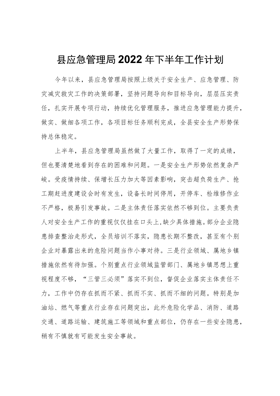 县应急管理局2022年下半年工作计划.docx_第1页